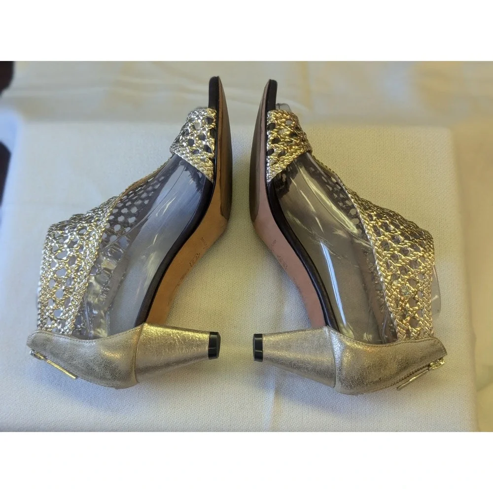 Donald J Pliner 9 'Verona' Metallic Gold Basket Weave Open Toe Mid Heel Shoe